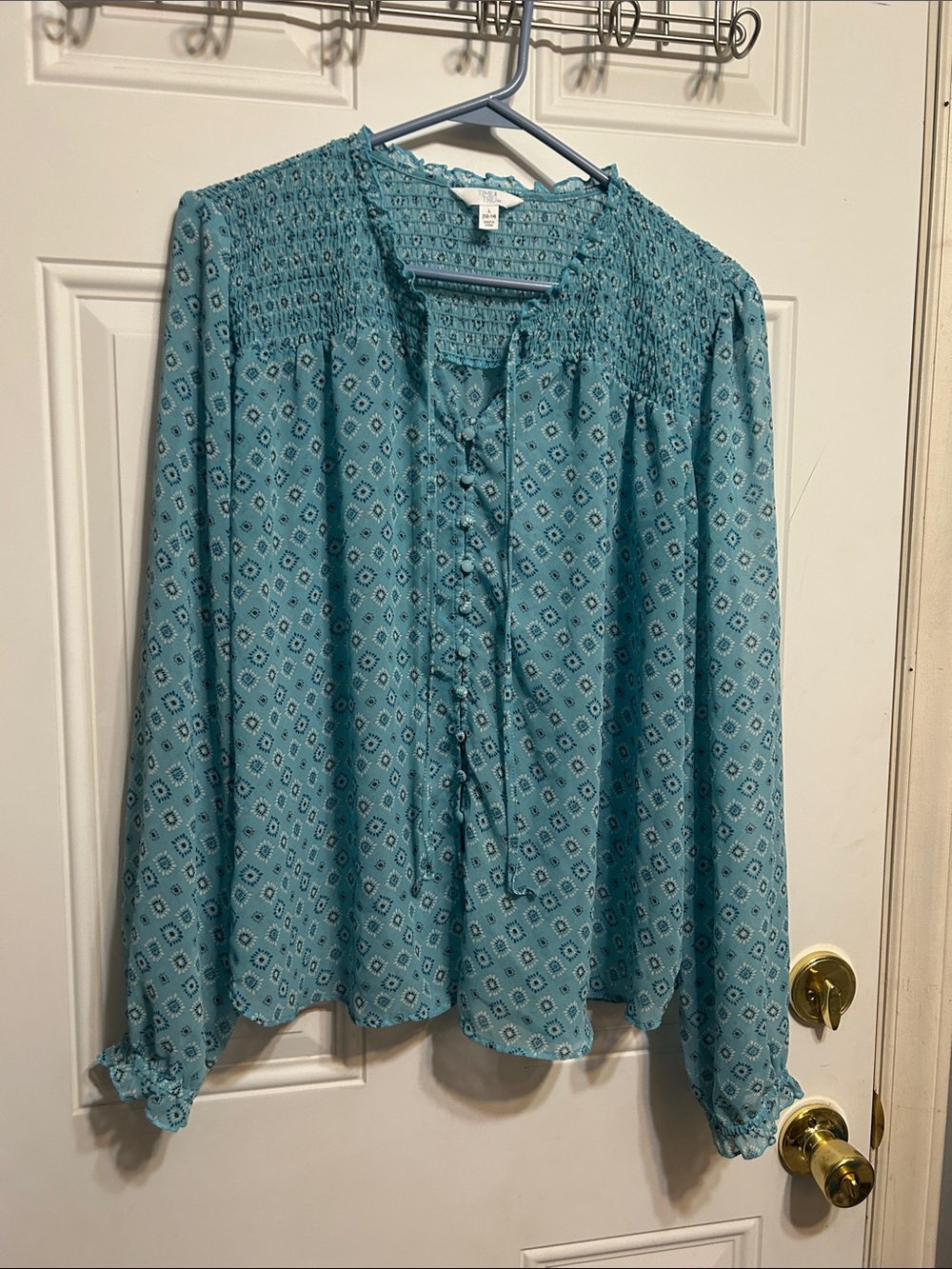 Time and Tru Teal Diamond-Print Smocked Peasant Blouse NWOT